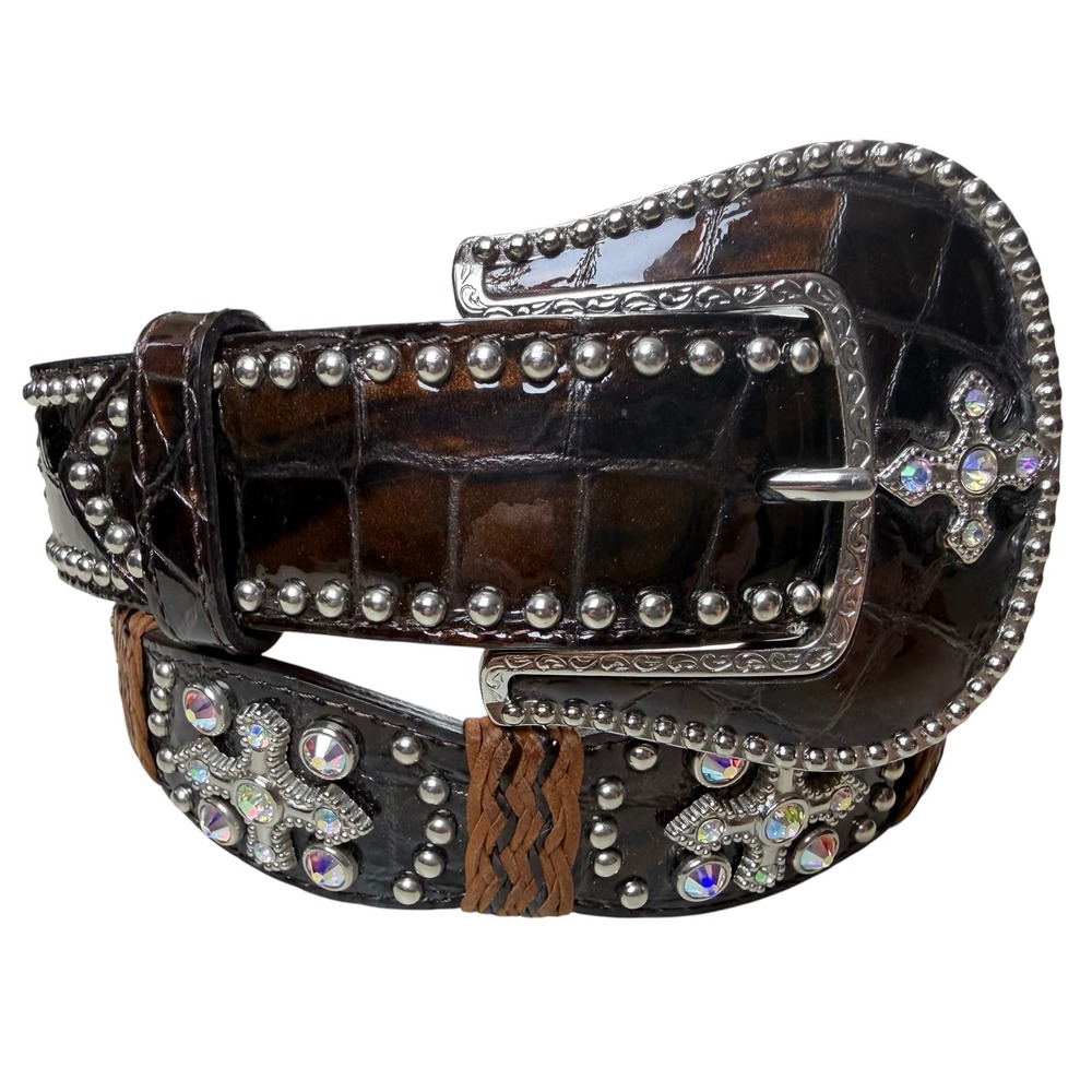 Justin Boots Western Cross Belt Brown Croc Rhinestone Studded CowgirlCore Y2K 36